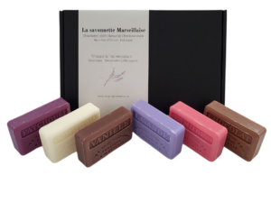 zeep bar cadeauset: Vanille, Fruit de la passion, Patchouli, Lavendel, Chevrefeuille, Chocolade