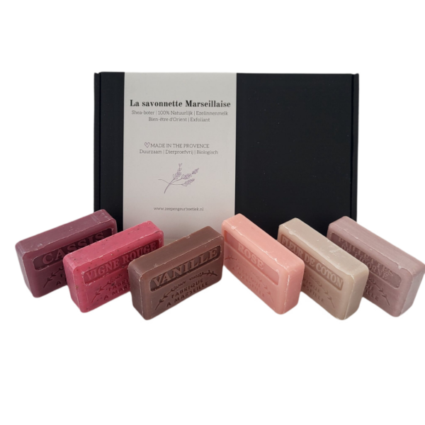 Savon de Marseille cadeau zeep set Casis, Vigne Rouge, Vanille, Fleur de coton, Unicorn, Rose 6x125 gr. Moederdag - Mama - Moedercadeau