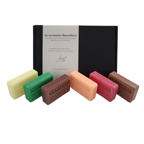 Zeep bar cadeauset: Chocolade, Vanille, Menthe, Vigne Rouge, Sinaasappelbloesem, Mimosa