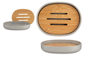 grijs zeepbakje met bamboe inleg