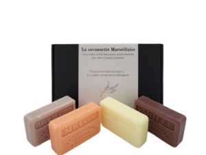 Zeep brievenbuscadeau savon de marseille Meloen, Fleur de coton, Vanille, Mimosa