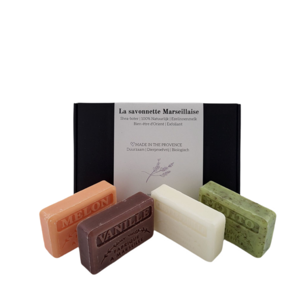 Soap bar set - zeep savon de marseille Chevrefeuille, Mojito, Vanille, Meloen 4x125 gr. brievenbuscadeau - cadeauverpakking