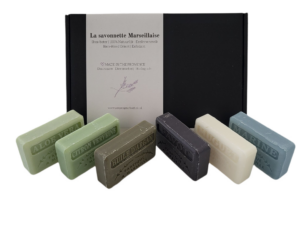 Soap bar cadeauset savon de marseille zeep, Aloë vera, Citroen verveine, Huile d'argan, Opium, Muguet, Marine 6x125 gr.